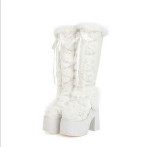 Demonia camel 311 white knee high fur boots